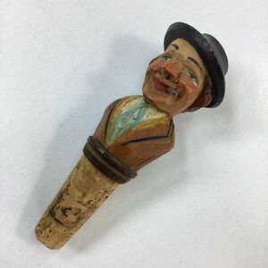 Vintage Anri Hand Carved Wood Pipe Smoking Man Bar Wine Cork Bottle Stopper